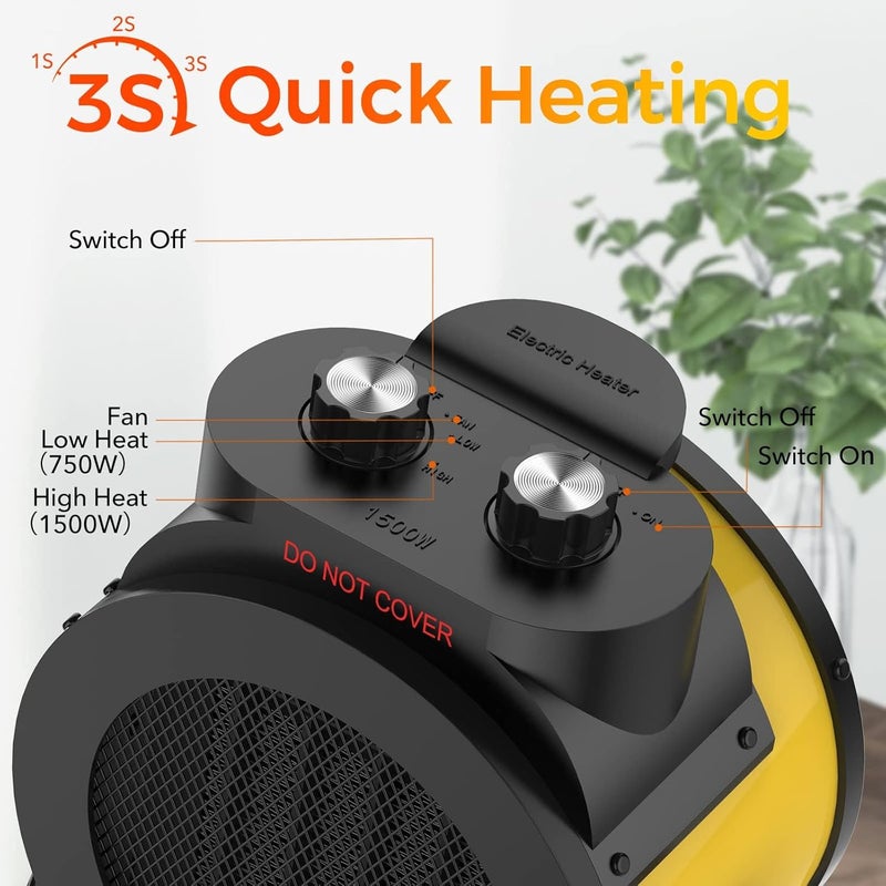 Elevoke Space Heaters for Indoor Use, 1500W PTC Electric Heater with 90°Adjustable Angle, Fast Safety Heat, Small Portable Heater for Office Home (yellow) - Image 2